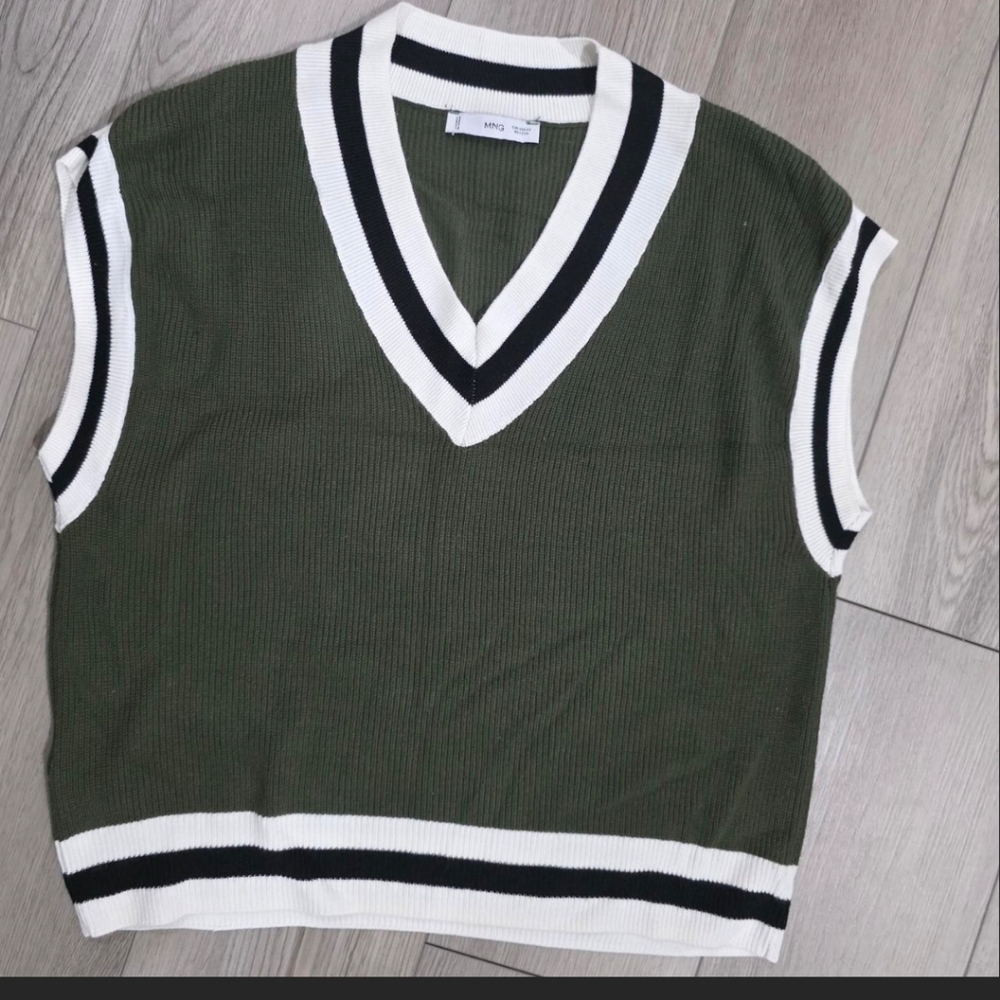 Mango Waistcoat Green Sleeveless  V-Neck College Vest